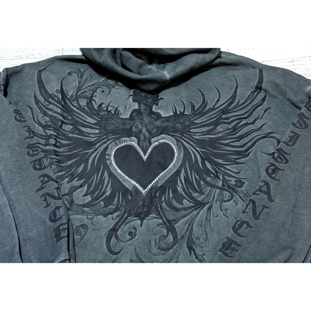 Y2K Hot Topic Embellished Emo Grunge Cross Diamond Heart Wings Black Hoodie SM